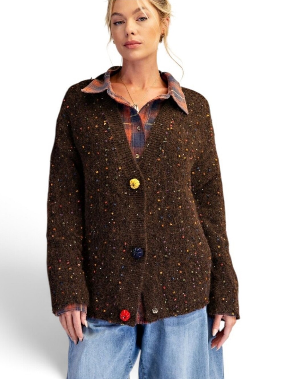 Easel Brown Mini PomPom Knitted Sweater Cardigan New